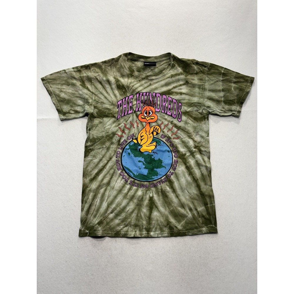 The Hundreds Shirt Mens Medium Green Tie Dye World On Fire Double Sided Graphic